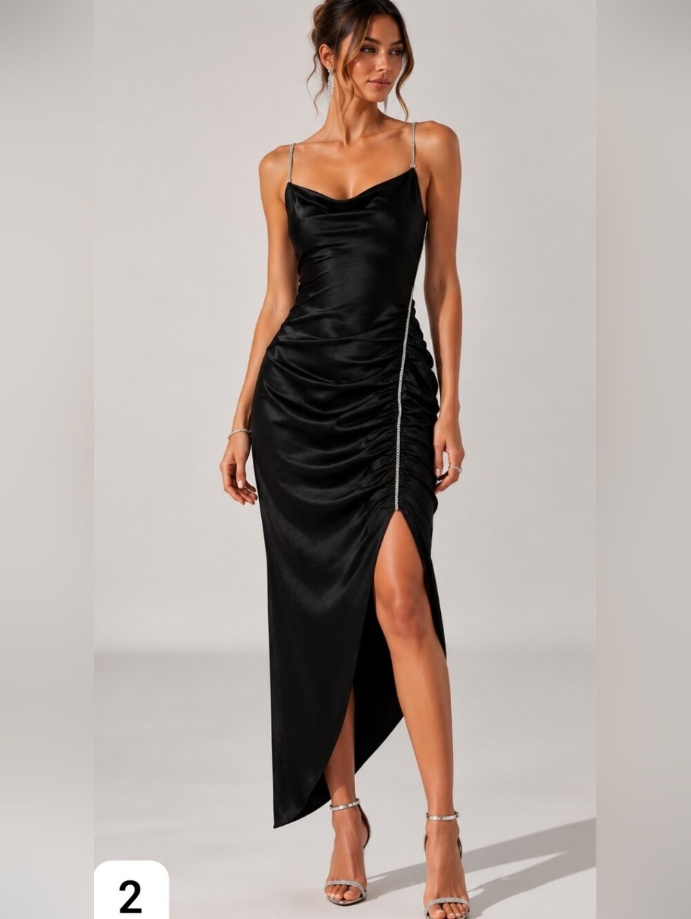 EUC MOTF Elegant Black Satin Cowl Neck Slip Dress with Side Slit & Rhinestones